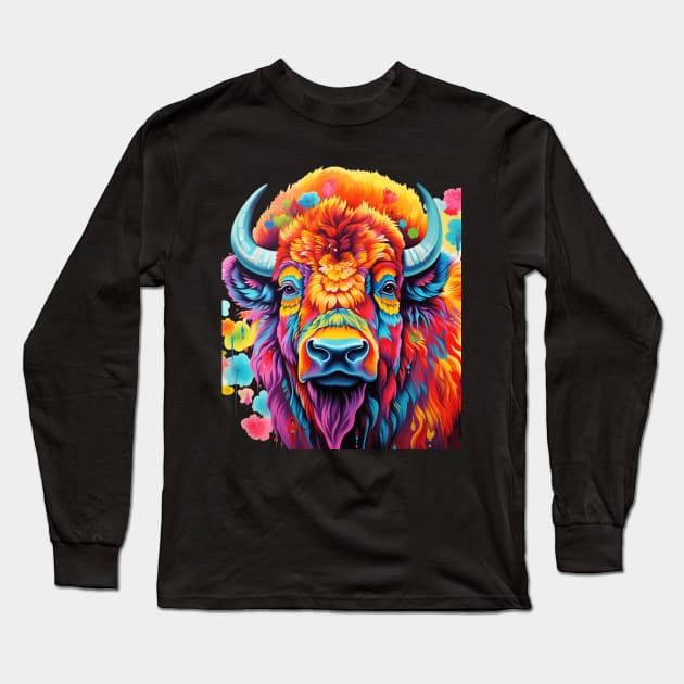 Bison Colorful American Bison Long Sleeve T-Shirt by Ross Holbrook